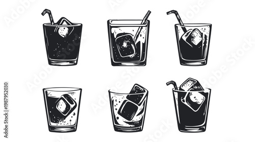 Six monochrome drawings of beverages with ice cubes and straws, artistic and illustrative