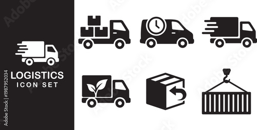 Logistics and delivery icon set vector illustration of trucks, packages, and shipping symbols for transportation services