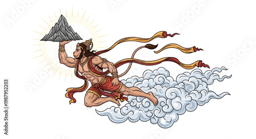 During Hanuman Jayanti Festival, a cartoon illustration shows Hanuman flying on clouds against a white background, carrying a mountain in one hand, depicted with vibrant colors