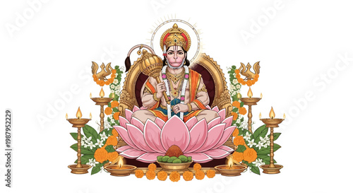 Detailed illustration of Lord Hanuman in a lotus position for Hanuman Jayanti Festival, set against a clean white background, with vibrant, saturated colors and intricate details enhanced