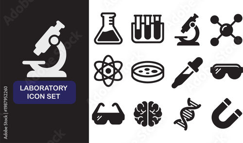 Laboratory icon set featuring scientific equipment and biology symbols