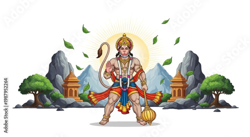 Vibrant illustration depicting Lord Hanuman standing powerfully during the Hanuman Jayanti Festival, set against a backdrop of stylized mountains and temples, rendered with bright colors