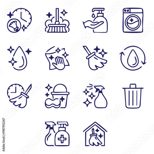  Professional Household Cleaning and Laundry Line Icon Set