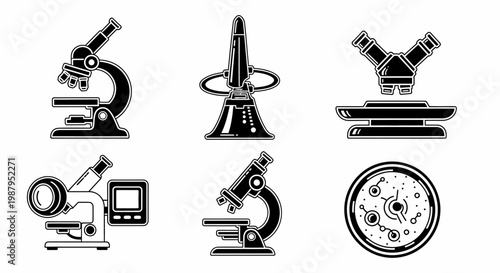Illustrated scientific equipment showing a variety of microscopes and cell sample in a lab setting