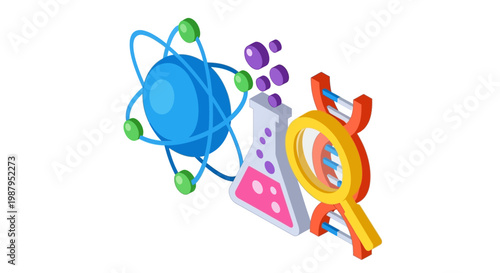 Illustrated scientific concepts: atom, flask, and dna helix, perfect for education materials
