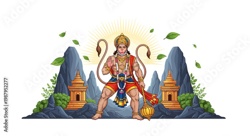 A vibrant illustration honoring the Hanuman Jayanti Festival depicts Lord Hanuman standing powerfully with his mace, set against a mountainous landscape under a radiant sunburst, rendered