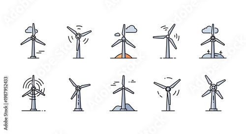 Illustration collection of various windmill designs for renewable energy and environment