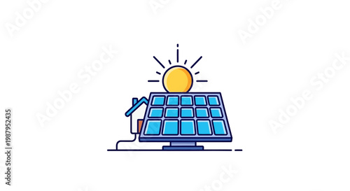 Illustration depicting a solar panel system generating renewable energy for a house, clean power