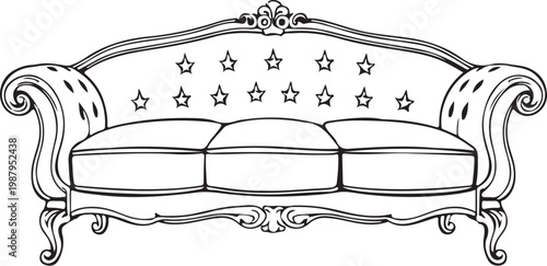 Vintage Sofa Furniture Hand-drawn Sketch Drawing Vector Illustration, Line Linear Symbol Black and White Engraving, Isolated