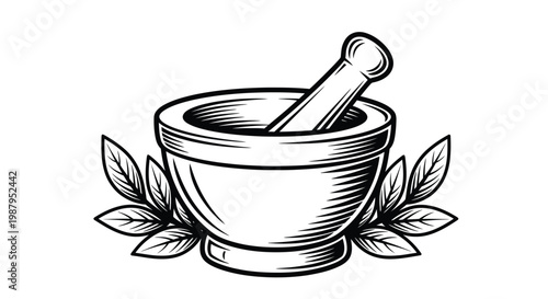 A vintage style illustration depicts a mortar and pestle surrounded by leafy plant elements