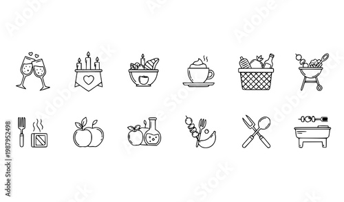 Modern wedding and cooking line icons with romantic dinner espresso grill tools and salad pictogram set