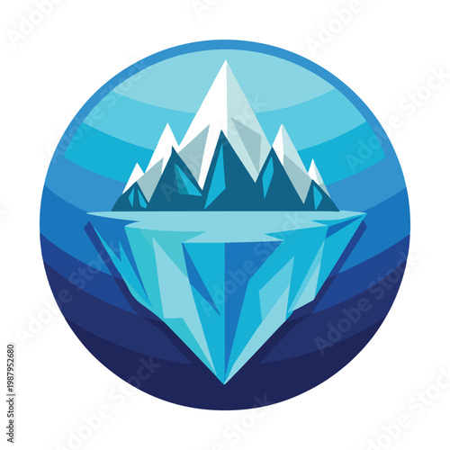 Iceberg illustration with mountain peak above and below water surface in shades of blue and white  symbolizing hidden dangers or unseen challenges  abstract graphic design element