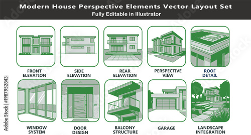 Modern house architectural views vector icons set, elevations, roof detail, windows, doors, balcony, garage, landscape integration, CAD design layout