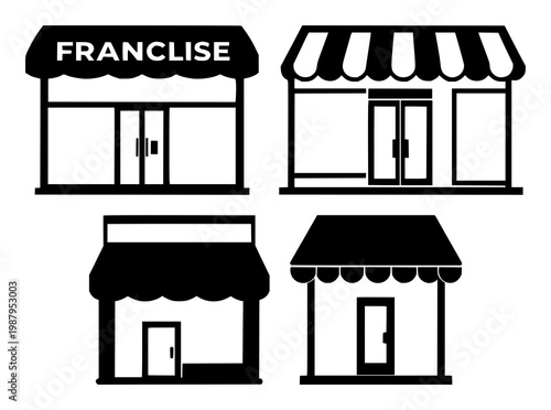 Franchise shop icon set with solid black vector design featuring franchise, retail, storefront icons with white background and minimalist illustration