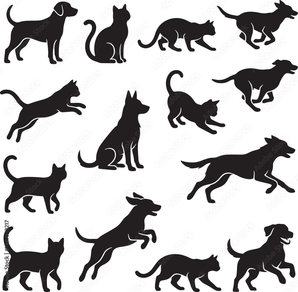 Fototapeta premium Silhouettes of cats and dogs in various poses