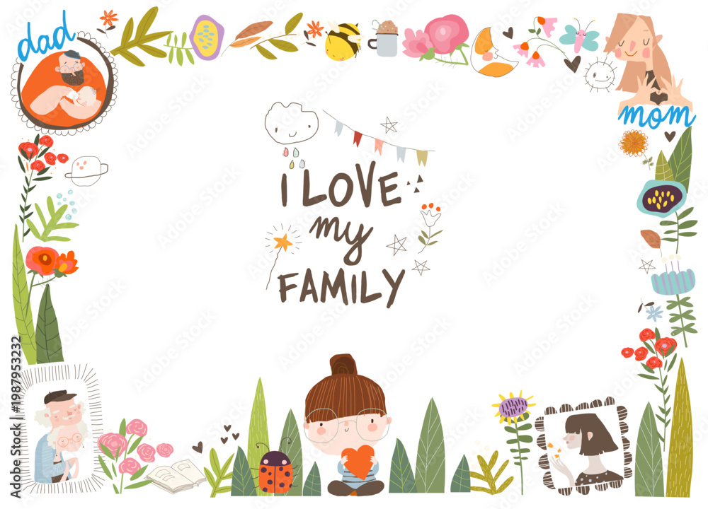 Fototapeta premium Floral Frame with Cute Little Girl thinking about Her Family