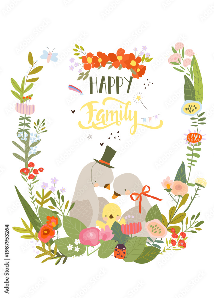 Obraz premium Cute Floral Frame Composed with Cartoon Pigeons Family
