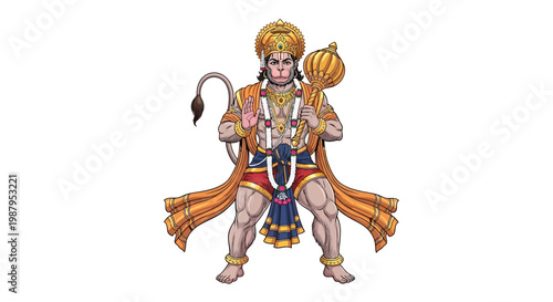 A full-length depiction of Hanuman, a Hindu god, holding a mace during Hanuman Jayanti Festival, presented in a vibrant digital illustration against a clean white background, radiating
