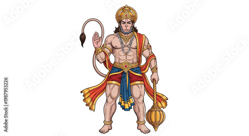 A full-body illustration of Hanuman, a Hindu deity, standing with a blessing gesture and holding a mace, rendered with vibrant colors and intricate details against a plain white background