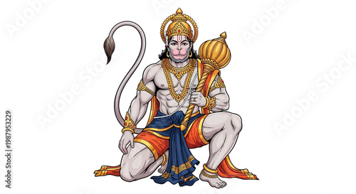 Illustrative depiction of Hanuman, the Hindu god, kneeling with his gada during the Hanuman Jayanti Festival, presented in a cartoon style with vibrant colors and set against a clean white