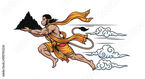 During the Hanuman Jayanti Festival, a powerful vector illustration depicts Hanuman carrying a mountain, set against a clean white background with dynamic clouds, conveying strength