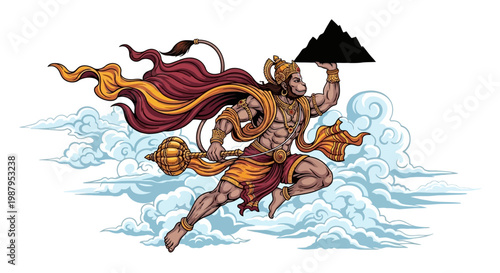 Detailed illustration of Hanuman, a Hindu god, carrying a mountain with one hand and a mace in the other, set against a backdrop of clouds conveying a sense of strength and devotion