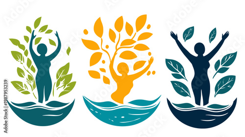 Three stylized figures interacting with foliage and water, symbolizing growth, connection, and harmony