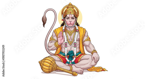 Illustration of Lord Hanuman sitting in Padmasana against a white background for the Hanuman Jayanti Festival, showcasing a traditional Hindu deity with detailed ornamentation and a serene
