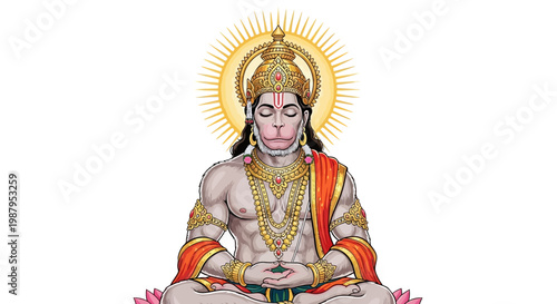 Illustration of Hanuman, a Hindu deity, meditating in a lotus position against a clean white background, showcasing his muscular physique and golden ornaments during the Hanuman Jayanti