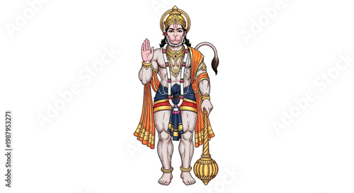 Full shot of Hanuman, a revered Hindu deity, depicted with traditional ornaments and attire against a stark white backdrop, embodying the spirit of Hanuman Jayanti Festival with a symbolic