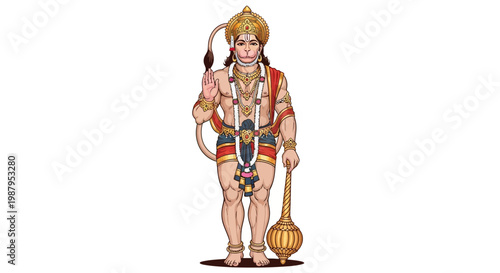 Illustrated depiction of Hanuman, a Hindu god, standing upright and holding a mace, presented in a colorful, cartoon-like style against a stark white background, ideal for religious