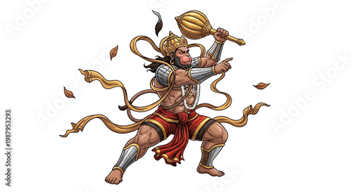 Illustration of Hanuman, a revered Hindu god, dynamically posed with his iconic mace, set against a clean white background, rendered in a vibrant, cartoon style with bold outlines and rich