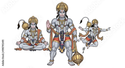 Illustrative depiction of Lord Hanuman in various poses, symbolizing strength and devotion during the Hanuman Jayanti Festival, rendered in a traditional art style against a stark white