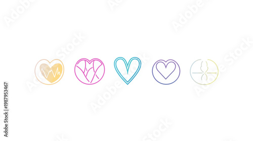 Five gradient-colored heart-shaped icons and a single circular image, arranged on a white background
