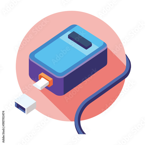 Isometric view of a portable power bank with a USB cable and connector  electronic device for charging smartphones and other gadgets on the go