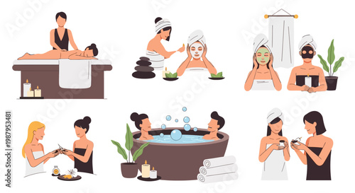 Spa and Wellness Scene Collage: Massage, Facials, Manicure, Bath, Beauty Treatments