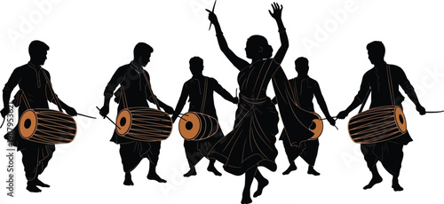 Silhouette of musicians and a dancer performing a traditional indian dance