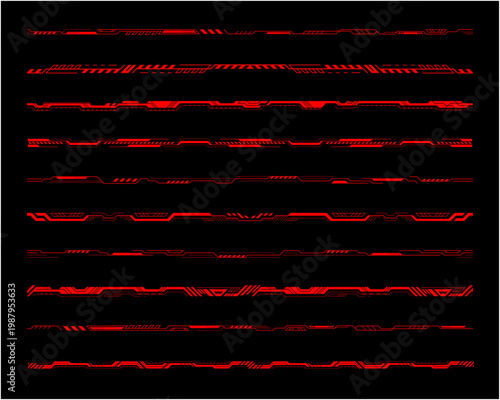 サイバーUIラインセット レッド 未来的デジタル装飾ライン ベクター素材