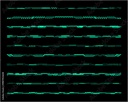 サイバーUIラインセット グリーンブルー 未来的デジタル装飾ライン ベクター素材