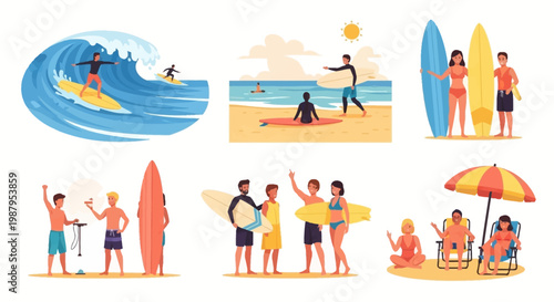 Summer Beach Fun: Surfing, Sunbathing, and Friends Enjoying Seaside Activities