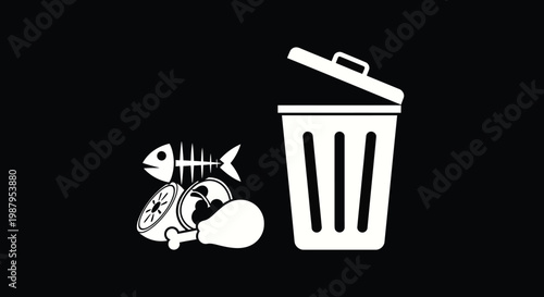 A stark white illustration depicts a fish skeleton discarded food and an open wastebasket