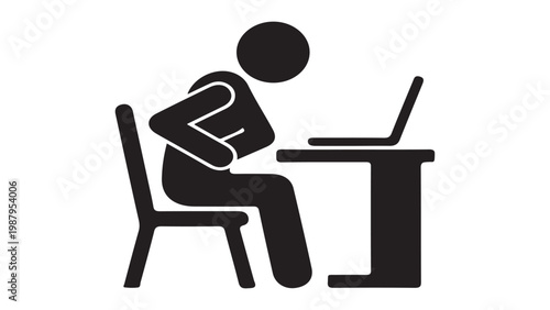 Man with back pain sitting at desk using laptop, bad posture concept, sedentary lifestyle health issues icon.