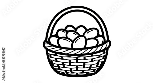 black and white illustration of eggs in a basket