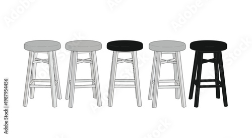 A series of five bar stools transitioning from light gray to solid black are displayed