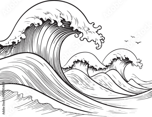 Ocean Waves during Storm Hand-drawn Sketch Drawing Vector Illustration, Line Linear Symbol Black and White Engraving, Isolated