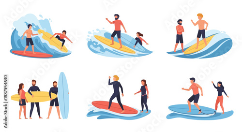 Surfing Group: Diverse People Enjoying Ocean Waves, Summer Beach Activity