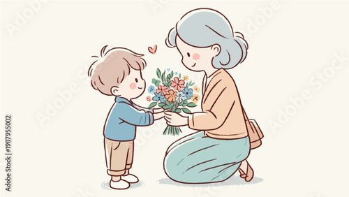 Cute Child Giving Flowers to Mother in Sweet Loving Family Moment Cartoon Illustration, Mother's Day