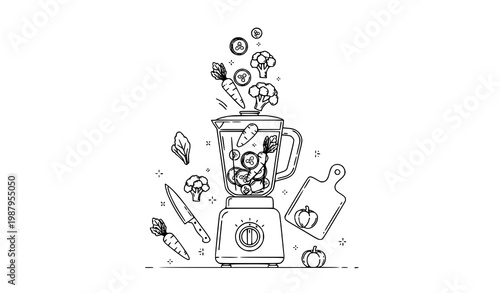 Blender with vegetables carrots cucumber and broccoli black and white outline vector illustration