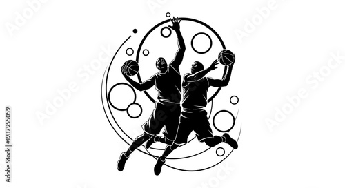 Dynamic Basketball Duel: A high-contrast illustration capturing the thrilling action of a basketball game, with two players engaged in an athletic contest.