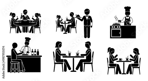 Restaurant Illustration: Various restaurant scenes are depicted in a stylized illustration, showcasing diners, a server, and a chef, each representing different aspects of the dining experience.